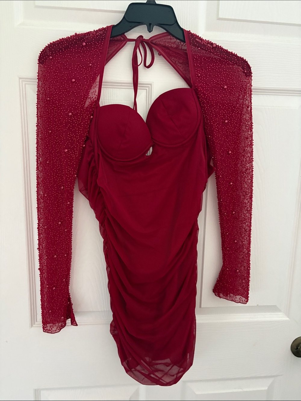 Fashion Nova Red Halter Ruched Bodycon Dress with Beaded Shrug